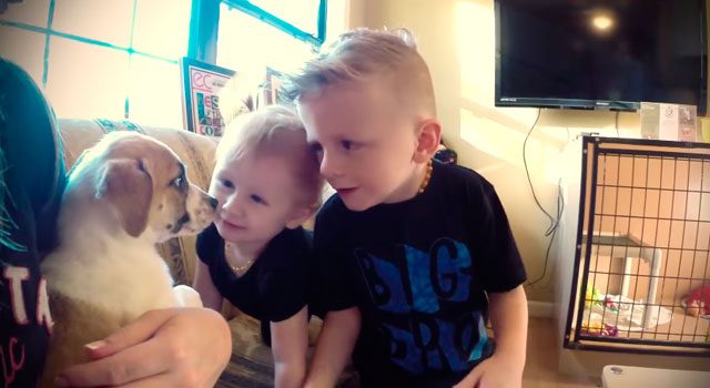 Una familia comparte el momento en el que su nuevo cachorro adoptado llega a casa